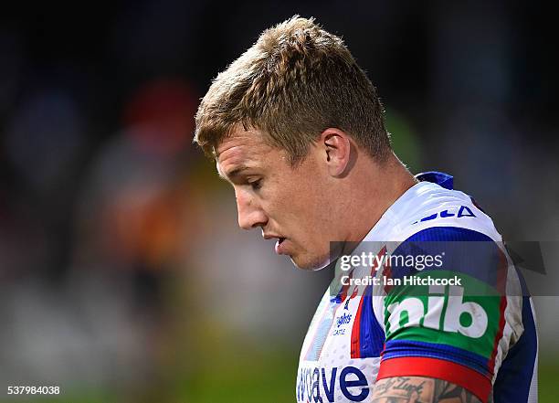 Trent Hodkinson of the Knights looks dejected after losing the round 13 NRL match between the North Queensland Cowboys and the Newcastle Knights at...