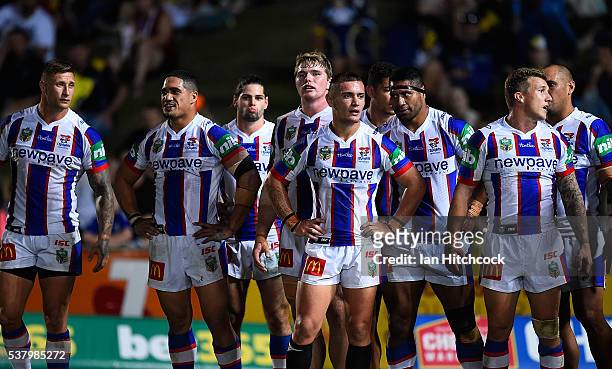 The Knights stand in goal waiting for a conversion attempt during the round 13 NRL match between the North Queensland Cowboys and the Newcastle...