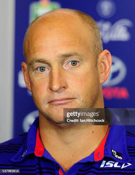 Knights coach Nathan Brown looks on at the post match media conference at the end of during the round 13 NRL match between the North Queensland...