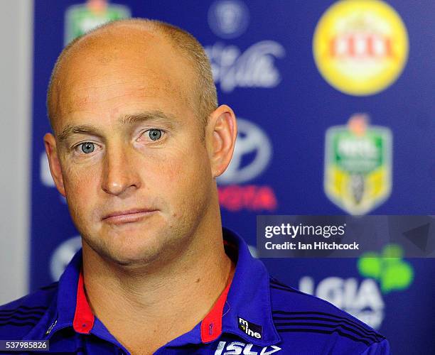 Knights coach Nathan Brown looks on at the post match media conference at the end of during the round 13 NRL match between the North Queensland...