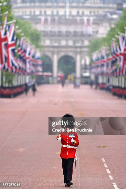 Soldier marches down The Mall as part of the Colonel's Review at Buckingham Palace on June 4, 2016 in London, England. The Colonel's Review is the...