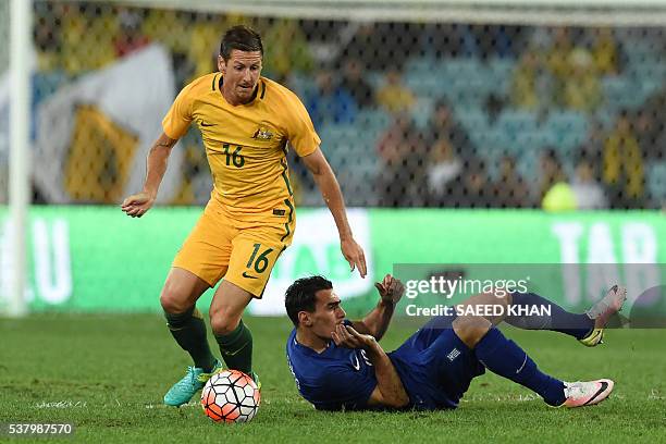 Australia's Nathan Burns and Greece's Lazaros Christodoulopoulos compete for the ball during their international friendly football match in Sydney on...