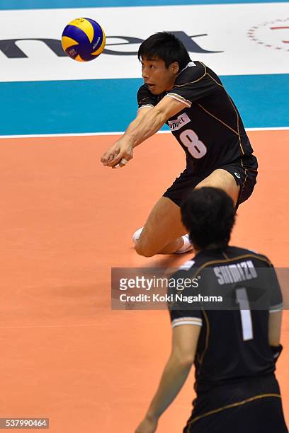 Yuta Yoneyama Japan spikes the ball during the Men's World Olympic Qualification game between Japan and Canada at Tokyo Metropolitan Gymnasium on...