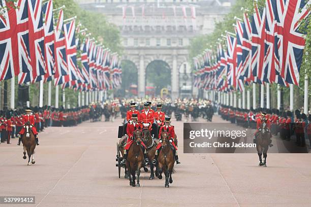 Troops march during the Colonel's Review, a traditional rehearsal for next week's Trooping the Colour on June 4, 2016 in London, England.