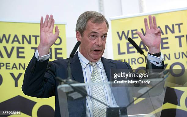 Leader Nigel Farage speaks at a Grassroots Out! campaign rally at the Mercure Bristol Grand Hotel on June 4, 2016 in Bristol, England. Campaigning...