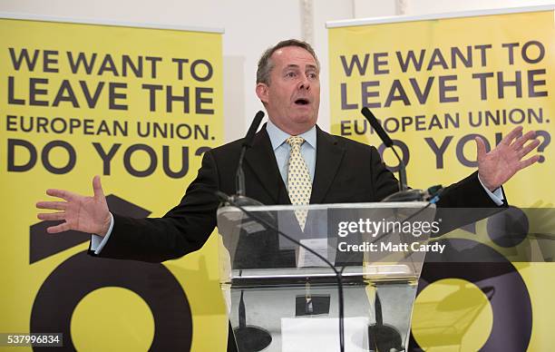 Former Defence Secretary Liam Fox speaks at a Grassroots Out! campaign rally at the Mercure Bristol Grand Hotel on June 4, 2016 in Bristol, England....