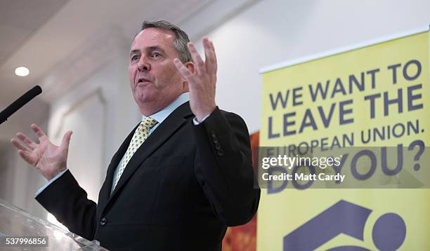 Former Defence Secretary Liam Fox speaks at a Grassroots Out! campaign rally at the Mercure Bristol Grand Hotel on June 4, 2016 in Bristol, England....