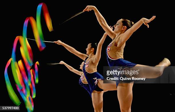 New South Wales compete in the group all round rhythmic gymnastics final during the 2016 Australian Gymnastics Championships at Hisense Arena on June...