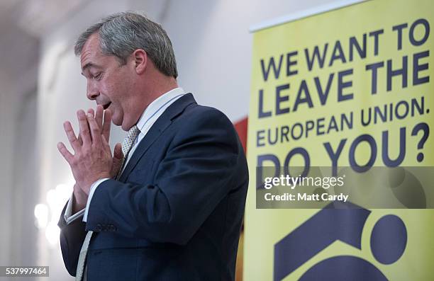 Leader Nigel Farage speaks at a Grassroots Out! campaign rally at the Mercure Bristol Grand Hotel on June 4, 2016 in Bristol, England. Campaigning...