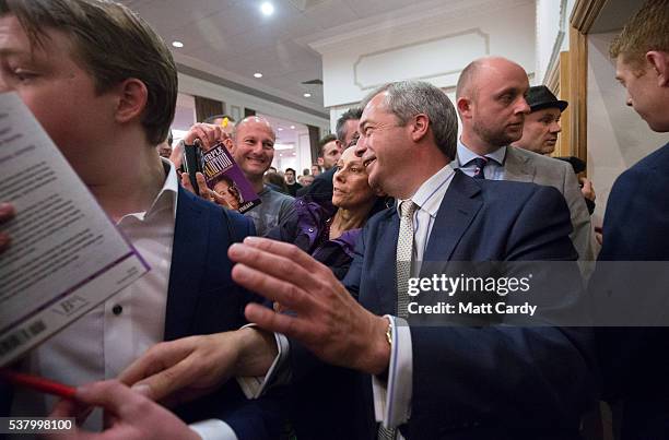 Leader Nigel Farage leaves after speaking at a Grassroots Out! campaign rally at the Mercure Bristol Grand Hotel on June 4, 2016 in Bristol, England....