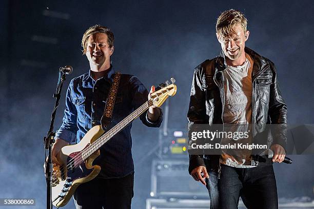 Musicians Tim Foreman and Jon Foreman of Switchfoot perform on stage on opening night of the San Diego County Fair at Del Mar Fairgrounds on June 3,...