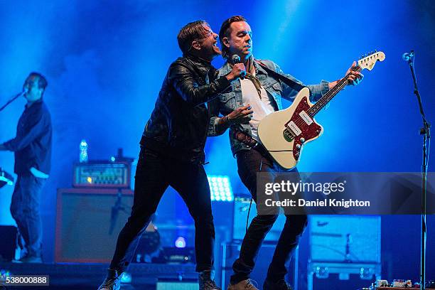 Musicians Tim Foreman and Drew Shirley of Switchfoot perform on stage on opening night of the San Diego County Fair at Del Mar Fairgrounds on June 3,...