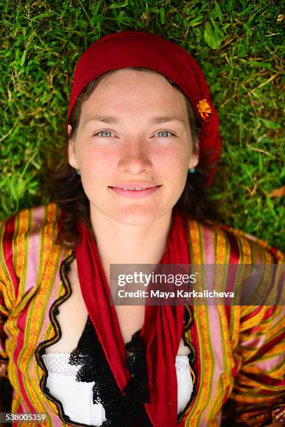 beautiful woman with traditional dress, bulgaria - bulgarians stock pictures, royalty-free photos & images
