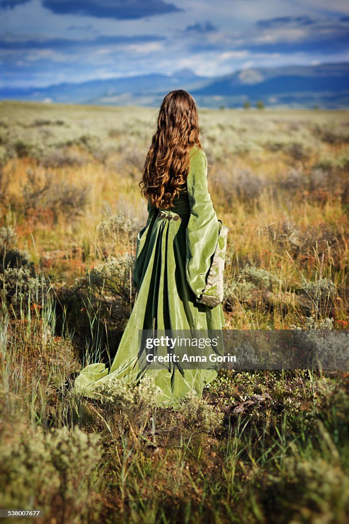 Back view of girl in medieval dress in sage field