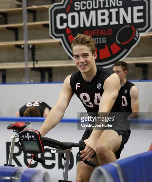 Ty Ronning warms up on a bike before the NHL Combine at HarborCenter on June 4, 2016 in Buffalo, New York.