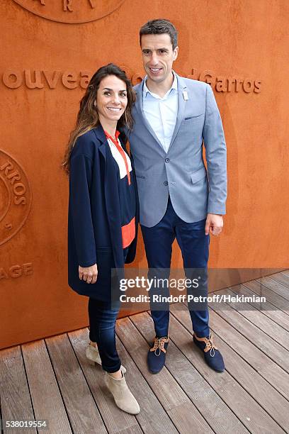 Olympic Games of Paris 2024, Canoe Olympic champion Tony Estanguet and his wife Laetitia attend Day Fourteen, Women single's Final of the 2016 French...