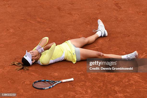 Garbine Muguruza of Spain celebrates victory during the Ladies Singles final match against Serena Williams of the United States on day fourteen of...