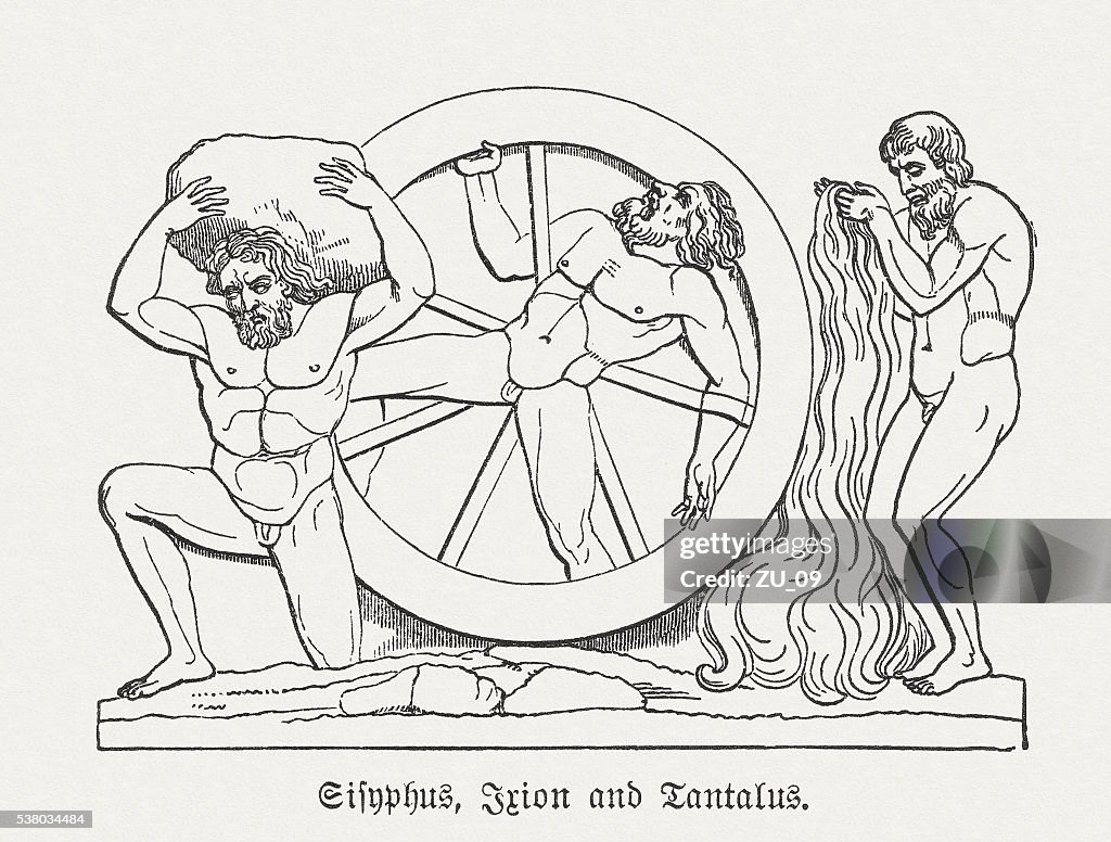 Sisyphus, Ixion and Tantalus, Greek mythology, wood engraving, published 1880
