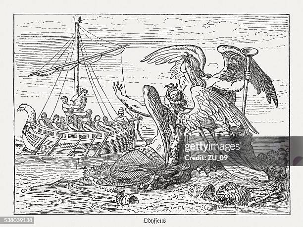 stockillustraties, clipart, cartoons en iconen met ulysses and sirens, greek mythology, wood engraving, published in 1880 - sirene