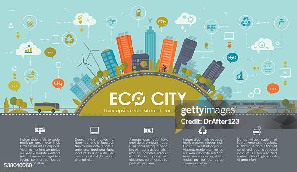 sustainable city infographic landscape - sewage treatment plant stock illustrations