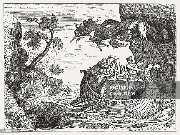 ulysses scylla und der griechischen mythologie, holz-gravur, veröffentlichte 1880 - homer stock-grafiken, -clipart, -cartoons und -symbole