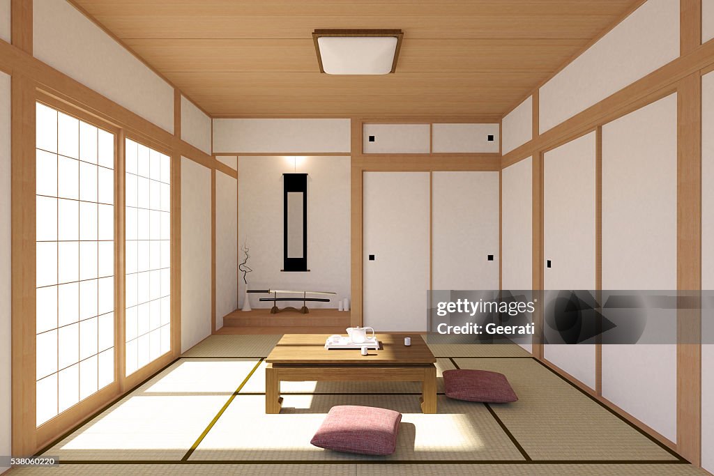 Interior de uma sala de estar japonesa tradicional e um design minimalista