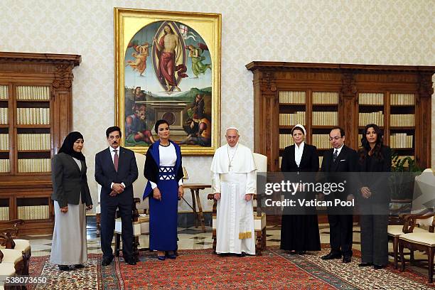 Pope Francis meets Sheikha Mozah bint Nasser Al Missned and her delegation at his private library in the Apostolic Palace on June 4, 2016 in Vatican...