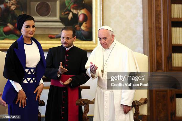 Pope Francis meets Sheikha Mozah bint Nasser Al Missned at his private library in the Apostolic Palace on June 4, 2016 in Vatican City, Vatican. Her...