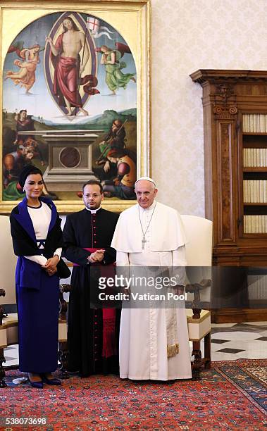 Pope Francis meets Sheikha Mozah bint Nasser Al Missned at his private library in the Apostolic Palace on June 4, 2016 in Vatican City, Vatican. Her...