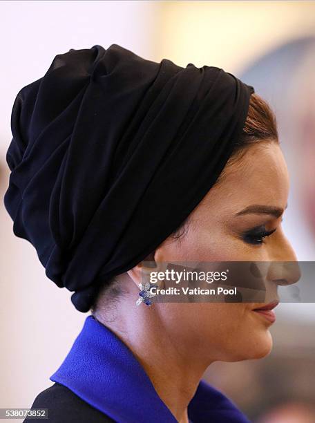 Sheikha Mozah bint Nasser Al Missned during a meeting with Pope Francis at his private library in the Apostolic Palace on June 4, 2016 in Vatican...