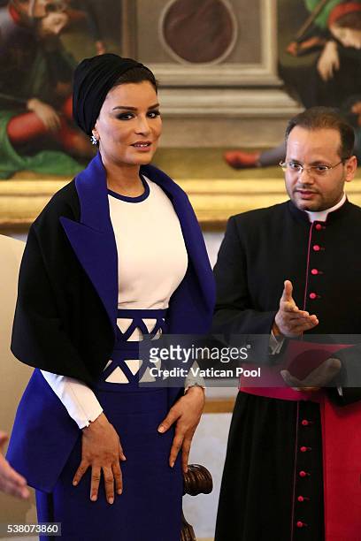 Sheikha Mozah bint Nasser Al Missned during a meeting with Pope Francis at his private library in the Apostolic Palace on June 4, 2016 in Vatican...