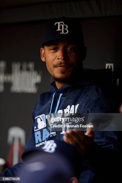 Desmond Jennings of the Tampa Bay Rays looks on before the game against the Minnesota Twins on June 2, 2016 at Target Field in Minneapolis,...