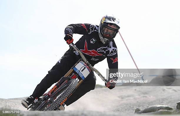 Aaron Gwin of United States competes during qualifying at the UCI Mountain Bike World Cup on June 4, 2016 in Fort William, Scotland.