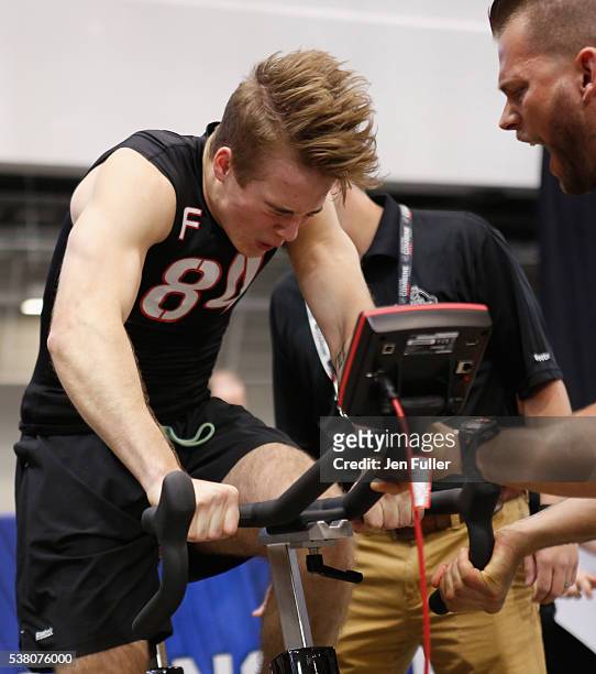 Ty Ronning does the Wingate test on a bike during the NHL Combine at HarborCenter on June 4, 2016 in Buffalo, New York.