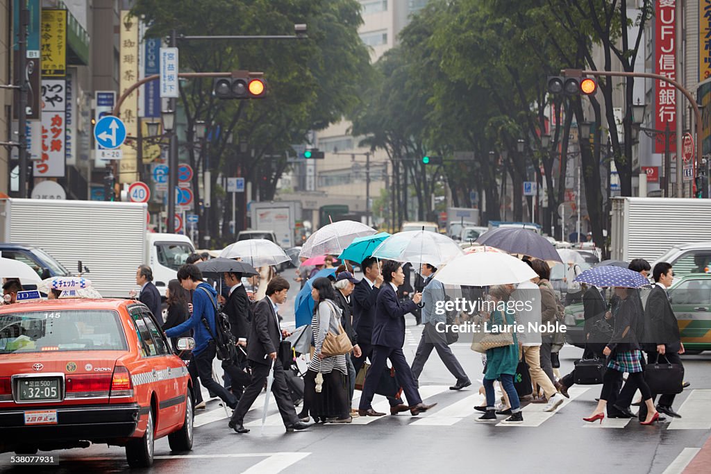 Commuters with umbrellas crossing road, Shibuya