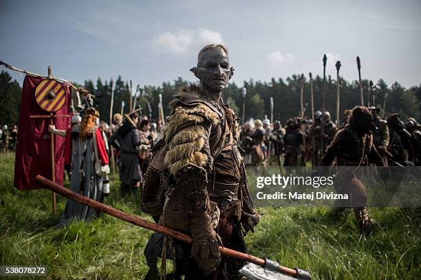 Participant dressed as orc, character from 'The Hobbit' book by J. R. R. Tolkien, prepares for the reenactment of the 'Battle of Five Armies' in a...