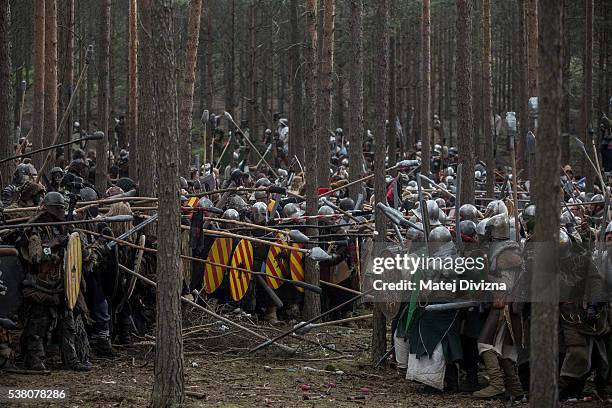 Participants dressed as characters from 'The Hobbit' book by J. R. R. Tolkien take part in the reenactment of the 'Battle of Five Armies' in a forest...