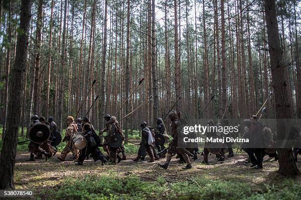 Participants dressed as characters from 'The Hobbit' book by J. R. R. Tolkien take part in the reenactment of the 'Battle of Five Armies' in a forest...