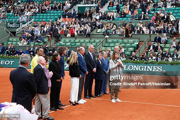 Yannick Noah, Guillermo Villas, Gustavo Kuerten, Rod Laver, Arantxa Sanchez, Todd Martin, Amelie Mauresmo, President of French Tennis Federation Jean...