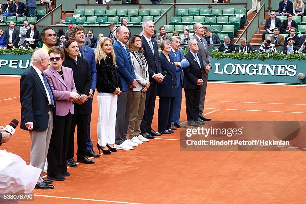 Yannick Noah, Guillermo Villas, Gustavo Kuerten, Rod Laver, Arantxa Sanchez, Todd Martin, Amelie Mauresmo, President of French Tennis Federation Jean...