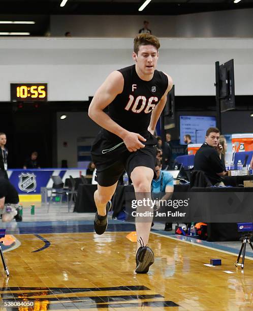 Pierre-Luc Dubois does the Pro Agility test during the NHL Combine at HarborCenter on June 4, 2016 in Buffalo, New York.