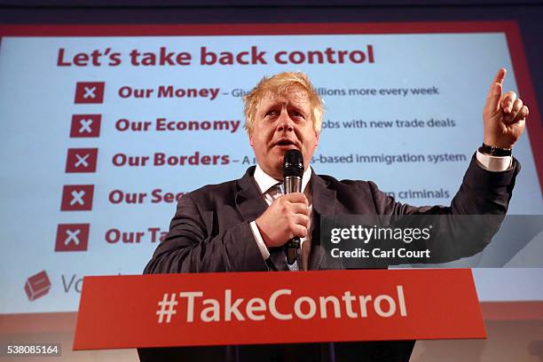 Boris Johnson MP talks to supporters during a Vote Leave rally on June 4, 2016 in London, England. Boris Johnson and the Vote Leave campaign are...