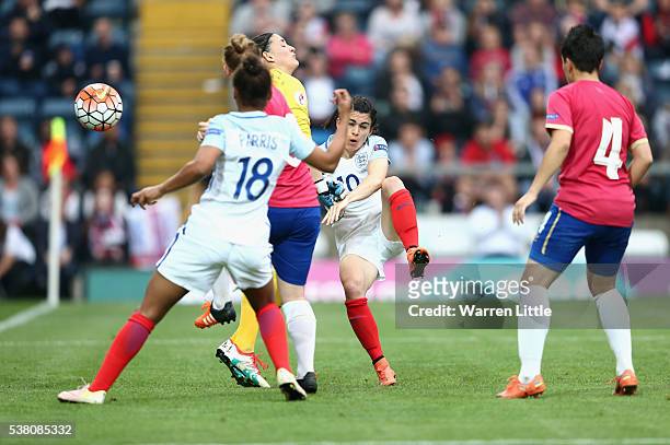 Karen Carney of England scores her hatrick and England's seventh goal during the UEFA Women's European Championship Qualifying match between England...
