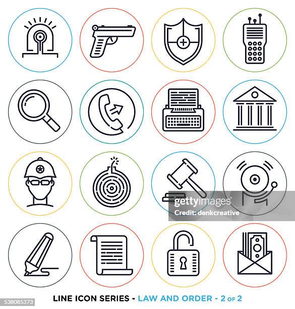 stockillustraties, clipart, cartoons en iconen met law and order line icons - politieverklaring