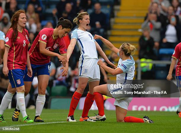 Ellen White of England celebrates scoring their fourth goal during the UEFA Women's European Championship Qualifiers match between England and Serbia...