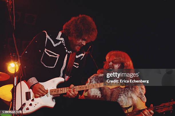 Randy Bachman and C F Turner of Bachman Turner Overdrive performing on stage, Hammersmith Odeon, London, 1975.