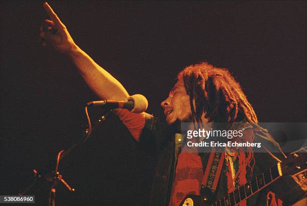 Bob Marley performs on stage at Hammersmith Odeon, London, 1976.