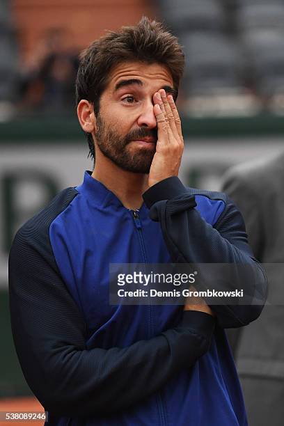 Marc Lopez of Spain reacts following victory during the Men's Doubles final match against Mike Bryan and Bob Bryan of the United States on day...