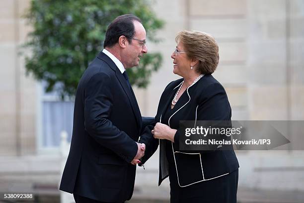 French President Francois Hollande receives President of Chile Michelle Bachelet , on the occasion of the week of Latin America and the Caribbean, at...