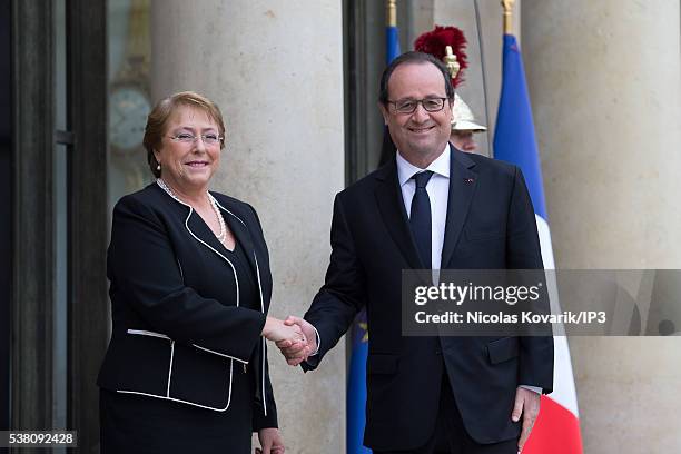 French President Francois Hollande receives President of Chile Michelle Bachelet , on the occasion of the week of Latin America and the Caribbean, at...